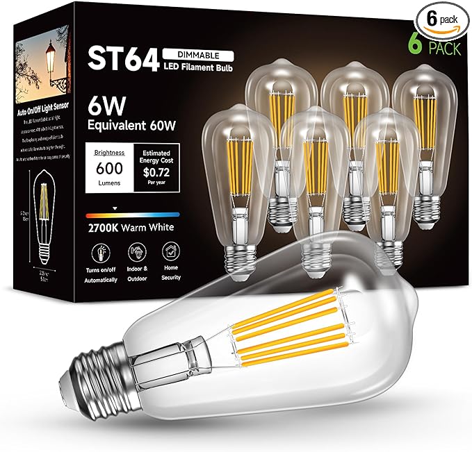 Eastiya E26 Edison Bulbs 60 Watt LED Dimmable6 Pack, 600LM, 6W Edison Light Bulbs Warm White 2700K Vintage, 85 CRI, ST64 Antique Clear Glass Filament Light Bulbs