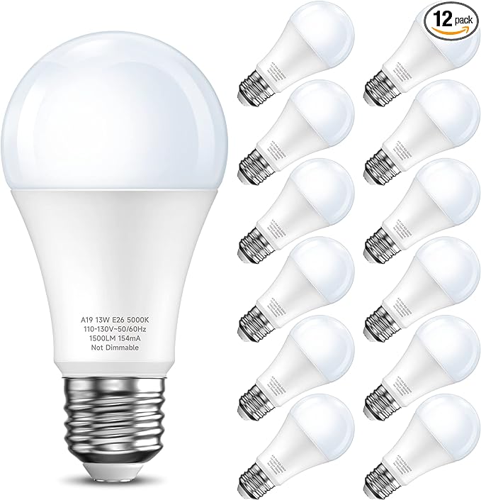 Eastiya Daylight LED Light Bulbs 5000K, A19 LED Bulb 100 Watt Equivalent, 13W 1500LM Super Bright Light Bulb, E26 Base, Energy Saving, 20000  Hours Longevity, Non-Dimmable, No Flickering, 12-Pack