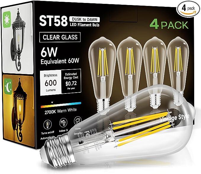 Eastiya Dusk to Dawn Light Bulbs Outdoor, 6W Equivalent 60W, 600LM, ST58 Soft White 2700K E26 Edison LED Bulbs, Light Sensing Outdoor, Photocell Sensor, Auto On/Off for Porch Patio Garage, Pack of 4