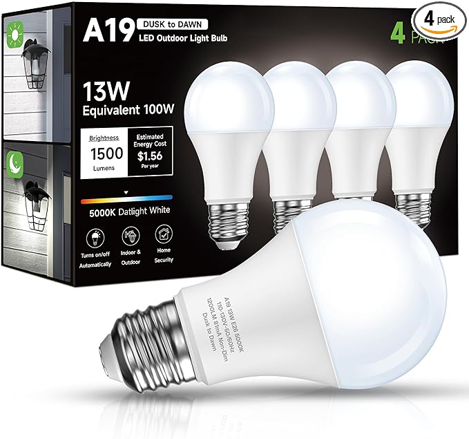 Eastiya Dusk to Dawn Sensor LED Outdoor Light Bulb, Daylight White 5000K, A19 13W(100 Watt Equivalent) Bright Porch Lighting, 1200LM, Auto-On/Off Photocell Sensor for Garage Yard Patio Garden-4 Pack