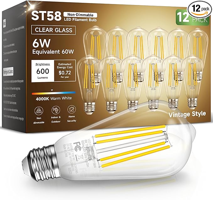 Eastiya Edison LED Light Bulbs, 6W Equivalent 60W, Warm White 4000K, Non-Dimmable, 600LM, 85 CRI, ST58 Vintage Clear Glass Filament Light Bulbs, E26 Medium Base, Pack of 12