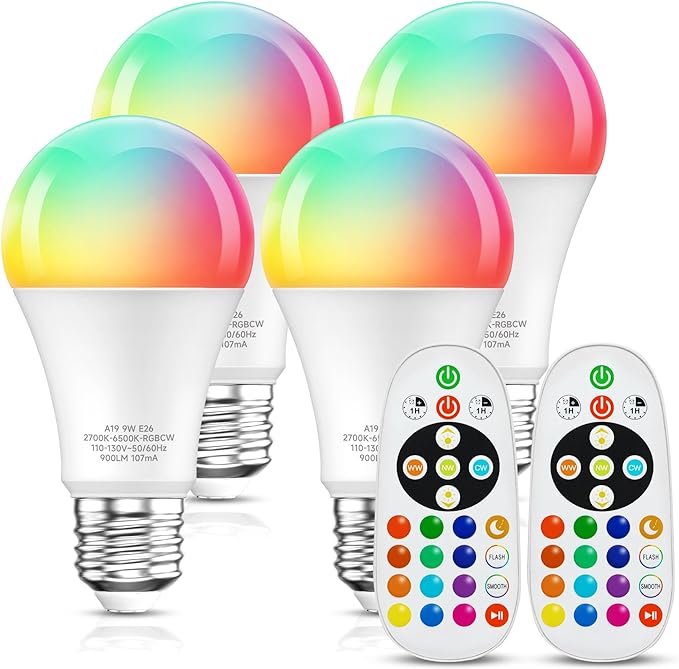 Eastiya Color Changing Light Bulb, 100W Equivalent, 900LM, RGBW Warm Cool White with Remote Control, E26 Base, Dimmable, 9W A19 LED Light Bulb, Multi-Color Can Light Bulbs for Ceiling, 4 Pack