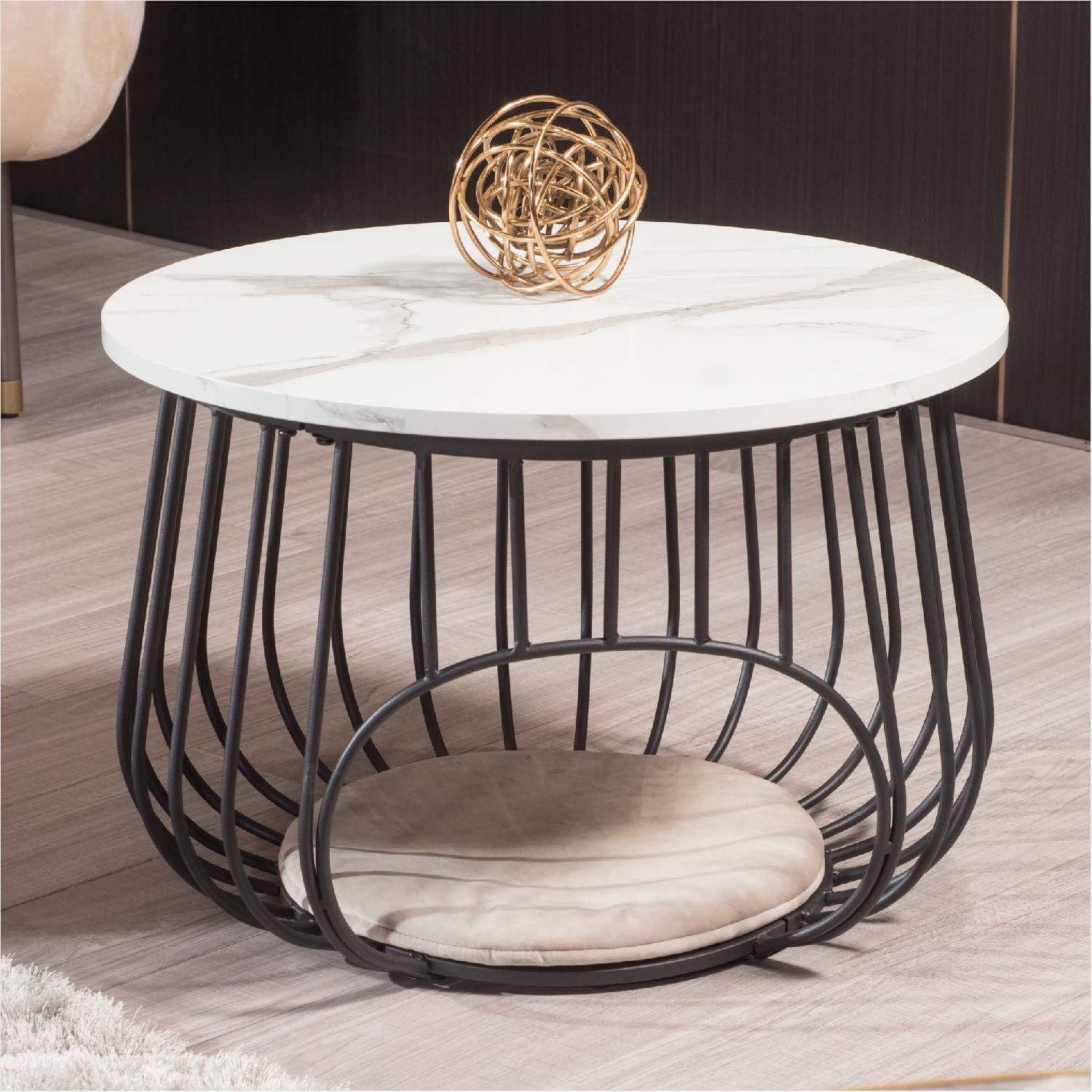 Moncot 22" Round Coffee Table,Cocktail Table MDF Top White Marble Pattern Black Metal Frame,Modern Coffee Table with Openning Cat House for Living Room(White Marble Black)