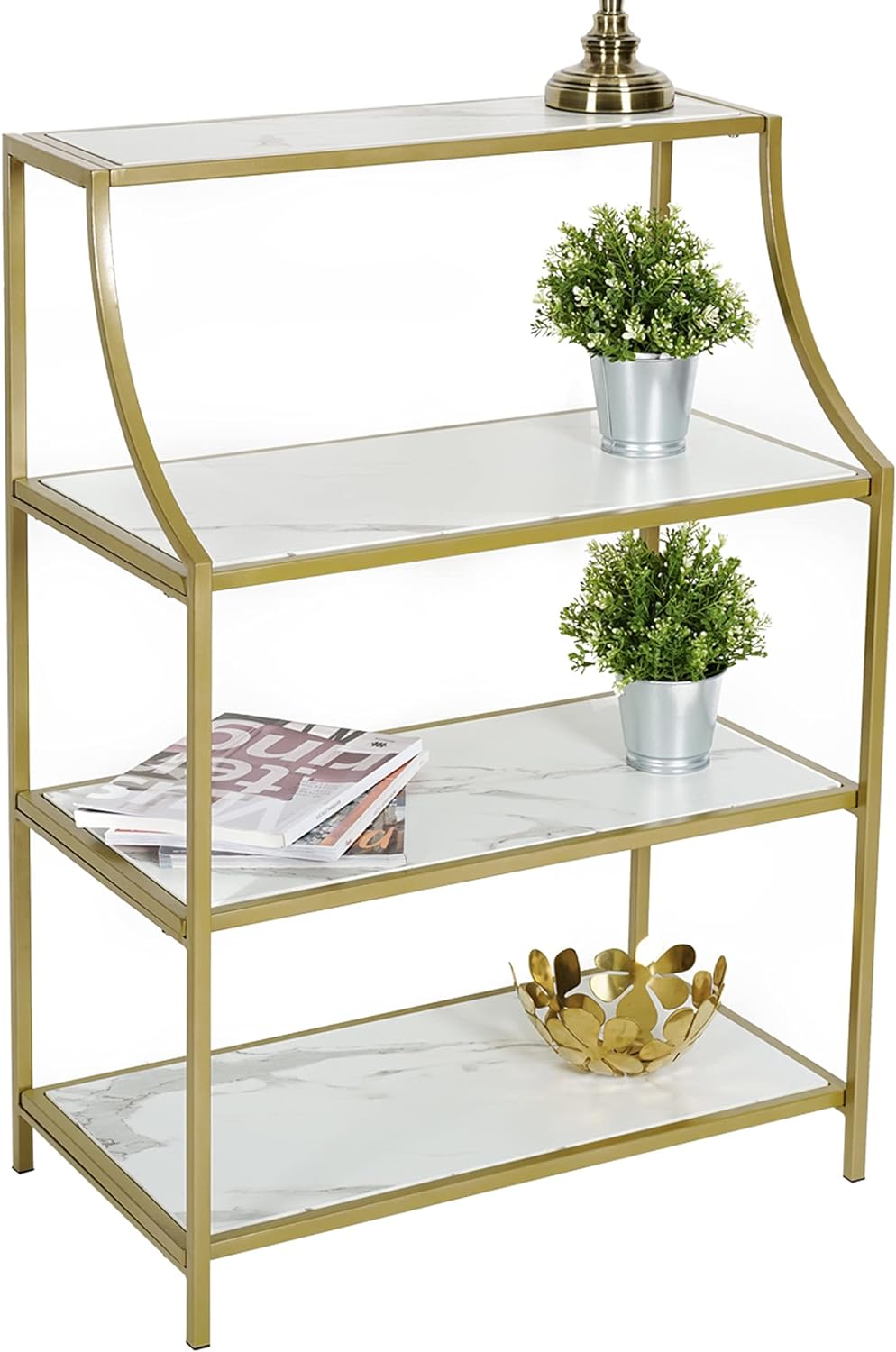 Moncot Narrow Console Table, Entryway Table, Gold Metal Frame White Marble Texture MDF Top with 4-Tier Shelving Storage, Modern Sofa Table for Hallway, Living Room, Behind Sofa (White Gold)