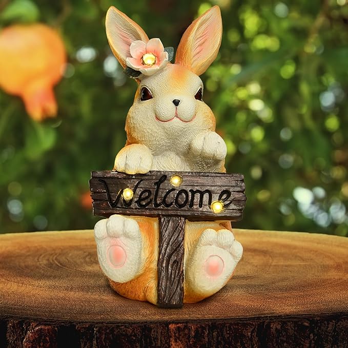 Solar Rabbit Garden Statue Outdoor Rabbit Decor-Cute Rabbit Figurines Rabbit Statue, Birthday Gift for Grandma Lawn Decor Garden Animal Statue for Patio, Yard, Lawn Ornament,Gardening Gifts for Mom