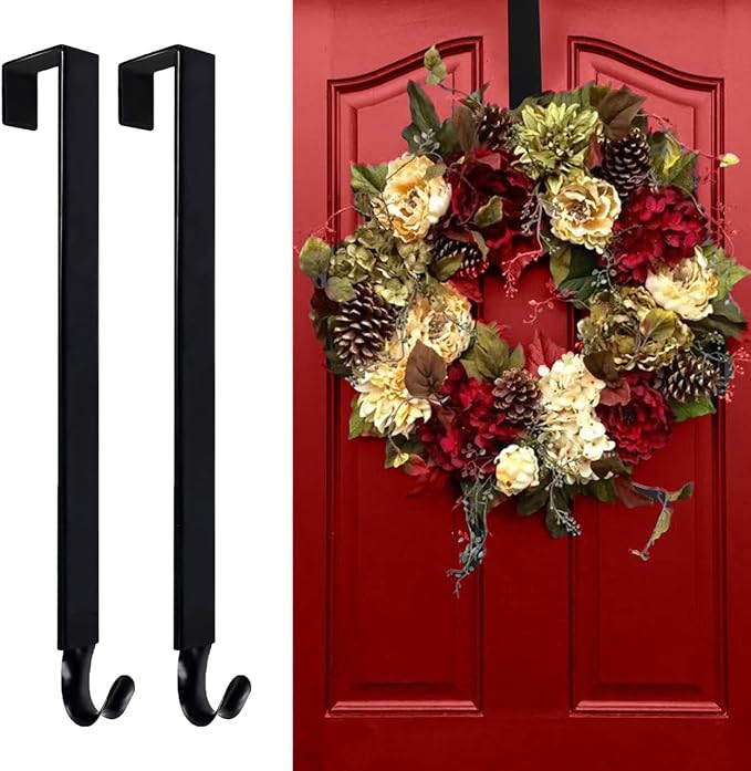 2pcs Adjustable Wreath Hanger from 15 to 25 Inches Over Door Wreath Hanger Hook Organizer Wreath Hangers, Non Scratch Thin Metal Overdoor Wreath Holder Seasonal Hanger for Front Door Welcome Sign