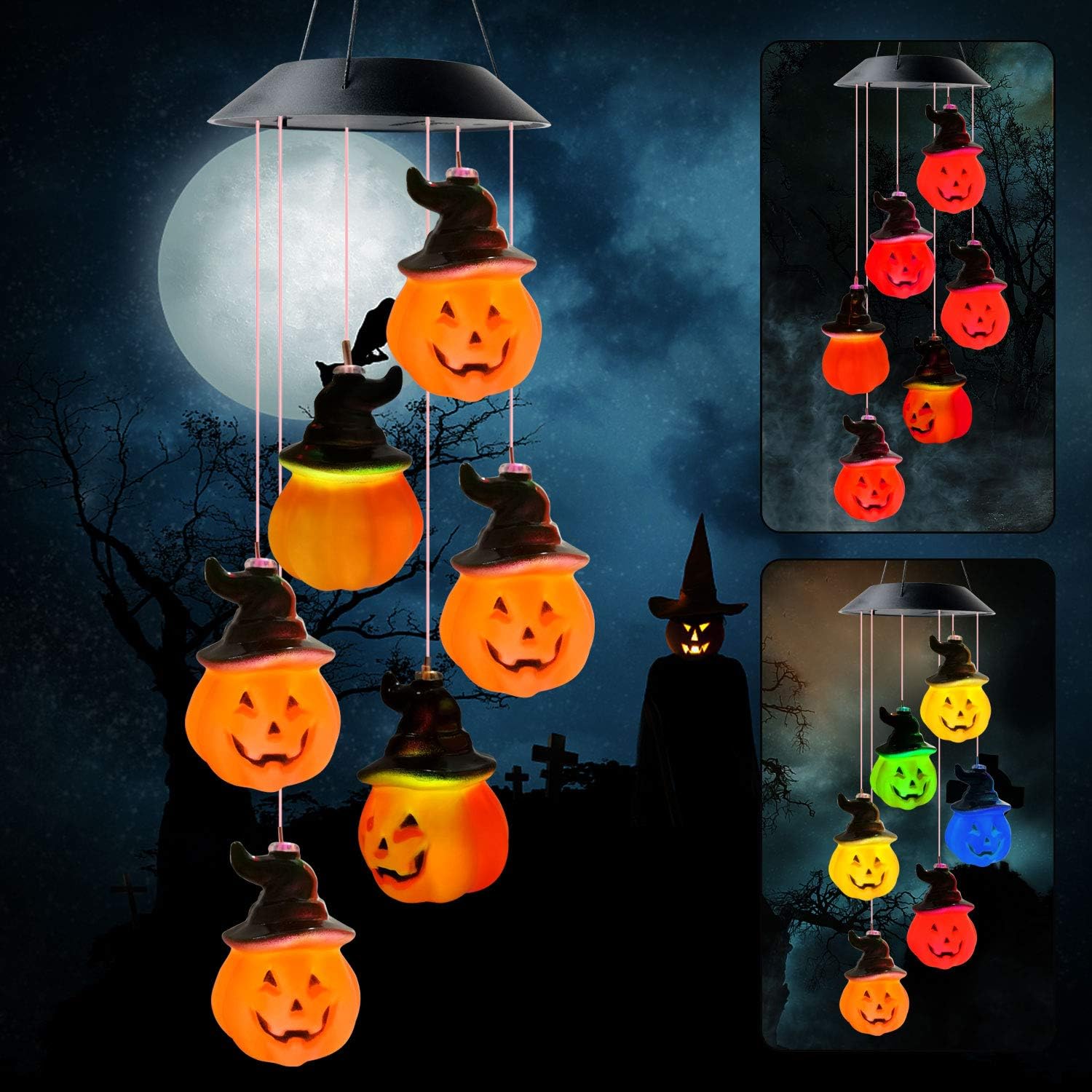 Solar Halloween Decor Pumpkins Light Garden Gift Halloween Wind Chimes Gifts for Halloween Pumpkin Decor with Witches Hat Halloween Pumpkin Lights for Outdoor Indoor Party Bar Women