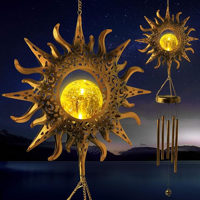 Solar Wind Chime Solar Sun Outdoor Light Gift for Birthday Grandma Garden Gift Christmas Birthday Gifts Grandma Solar Moon Garden Moon Gifts,Women Birthday Gift Xmas Party Outdoor Wind Chimes