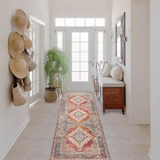 TEWWET Hallway Runner Rug, 2' x 10' Non Slip Runners Rug with Rubber Backing, Machine Washable Boho Vintage Rugs for Kitchen Bedroom Entryway Accent Area Carpet Runner 2x10 Ft