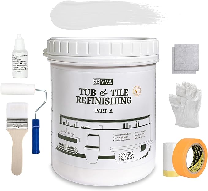 Tile Paint, Tub and Tile Refinishing Kit with Tools, 1kg/35 Oz White,Tub Sink Tile Refinishing DIY Bathtub Refacing Paint Water Based & Odorless, Easy to Use Sink Coating Paint for Bathroom