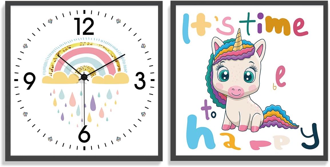 TIME TREE Unicorn Wall Clock Silent Non Ticking Battery Operated Modern Square Clock Wall Art for Girls Bedroom Office 12x12, 2pcs