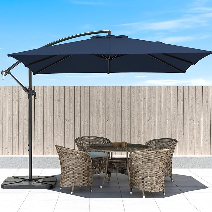 Bumblr 8x8ft Square Outdoor Umbrella with Base Included, Patio Offset Deck Umbrellas with Stand, UV Protected Sun Shade for Garden Lawn Backyard Pool, Navy