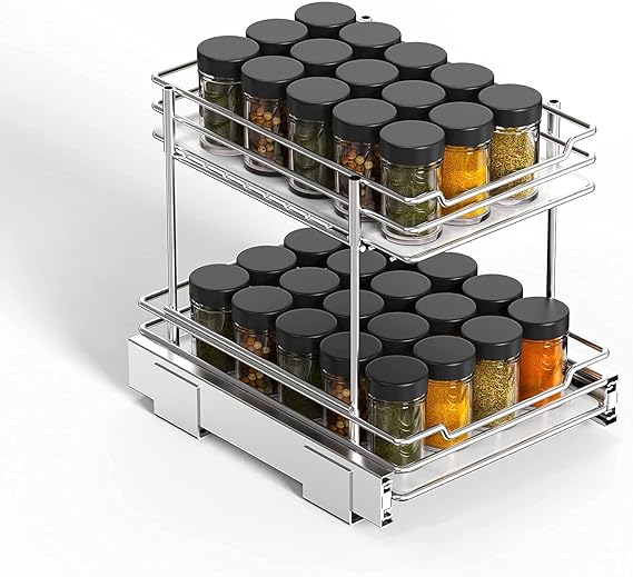 G-TING Pull Out Spice Rack Organizer for Cabinet, 2-Tier Slide Out Kitchen Cabinets and Pantry Closet Storage Shelf 8.6 W 10.4 D 9 H for Spices, Sauces, Bottle, Shot Glasses, Food and Cans, Chrome