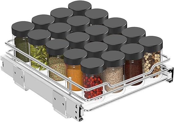 G-TING Pull Out Spice Rack Organizer for Cabinet, Slide Out Kitchen Cabinets and Pantry Closet Storage Shelf 9.5 W 10.2D 2.8H for Spices, Sauces, Bottle, Shot Glasses, Food and Cans, Chrome