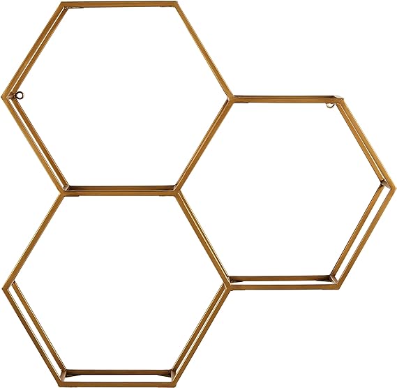 Amazon Brand  Rivet Modern Hexagon Honeycomb Floating Wall Shelf Unit with Glass Shelves - 28 x 28 x 6, Gold