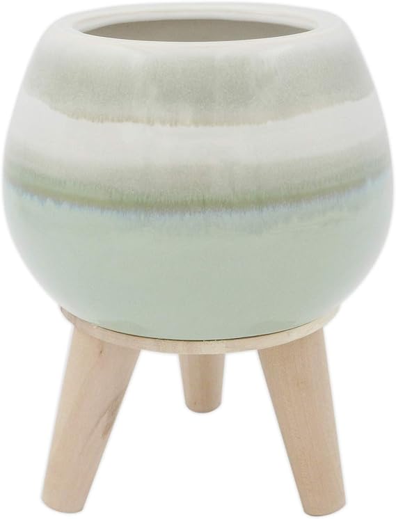 Amazon Brand  Rivet Mid-Century Stoneware Planter with Wood Stand, 8.27H, Light Green Ombre