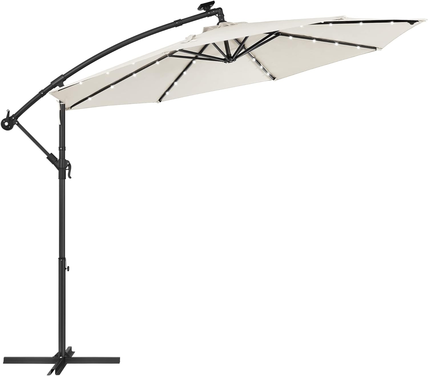 SONGMICS 10 ft Cantilever Patio Umbrella with Solar-Powered LED Lights, Outdoor Offset Umbrella with Base, Pool Garden Deck, Crank for Opening Closing, Water-Repellent, UPF 50+, Beige UGPU118M01