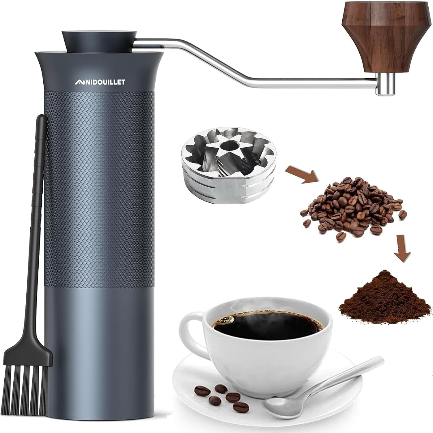  Nidouillet Manual Coffee Grinder with Six Axis CNC Stainless Steel Conical Burr, Hand Coffee Grinder Capacity 30g, Adjustable Setting Double Bearing Manual Coffee Bean Grinder for Office Home Camping 