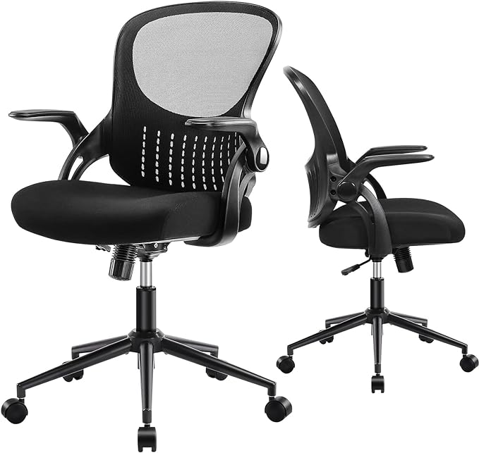 Home Office Chair, Mid Back Mesh Computer Chair, Ergonomic Desk Chair, Height Adjustable Rolling Swivel Task Chair with Flip-up Armrests and Lumbar Support, Black