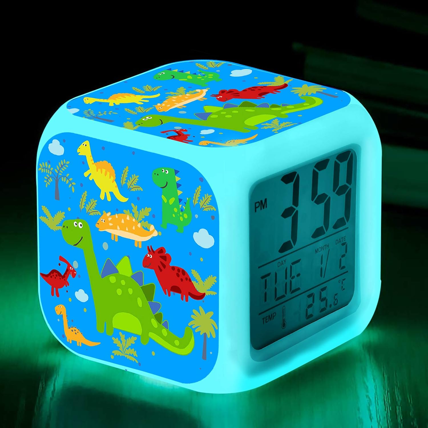 TCJJ Alarm Clock for Kids, Digital Alarm Clocks, LED Night Glowing Cube LCD Clock with Light Children Wake Up Bedside Clock Birthday for Kids Boys Girls Adult Bedroom (Blue Dinosaur)