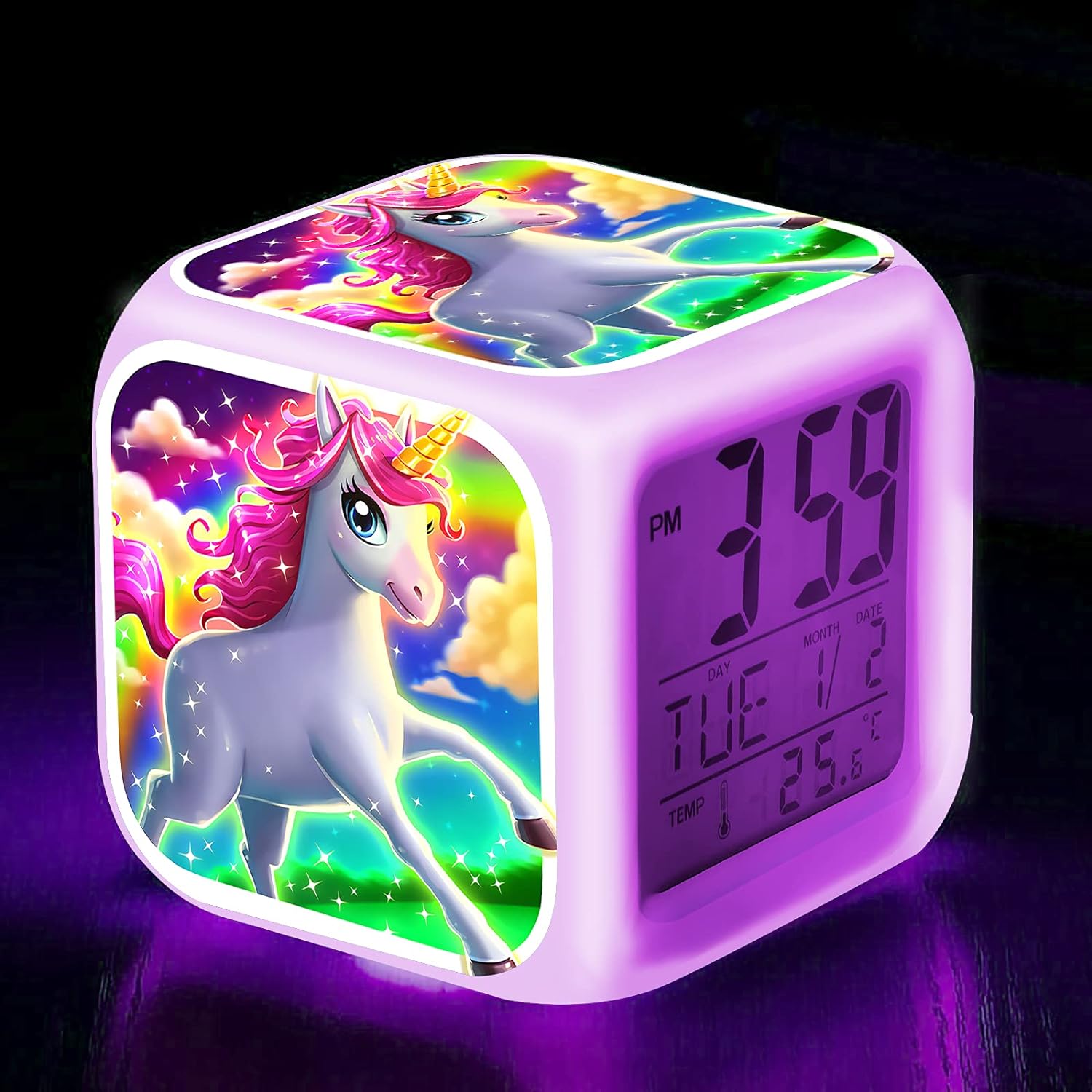 TCJJ Alarm Clock for Kids, Digital Alarm Clocks, LED Night Glowing Cube LCD Clock with Light Children Wake Up Bedside Clock Birthday for Kids Boys Girls Adult Bedroom (Rainbow Unicorn)