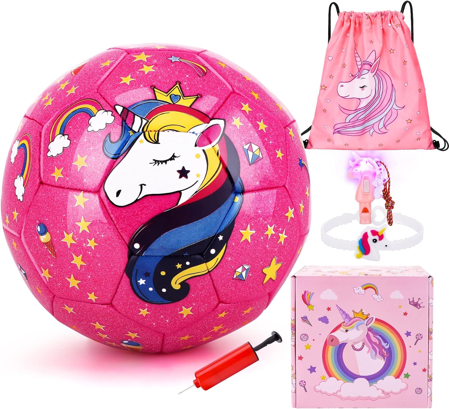 JYPS Size 3 Soccer Ball Girls, Glitter Unicorn Soccer Ball Gifts for Girls Kids Age 4-8 with Pump & Drawstring Bag, Unicorn Toys Gifts for Girls Age 3 4 5 6 7 8