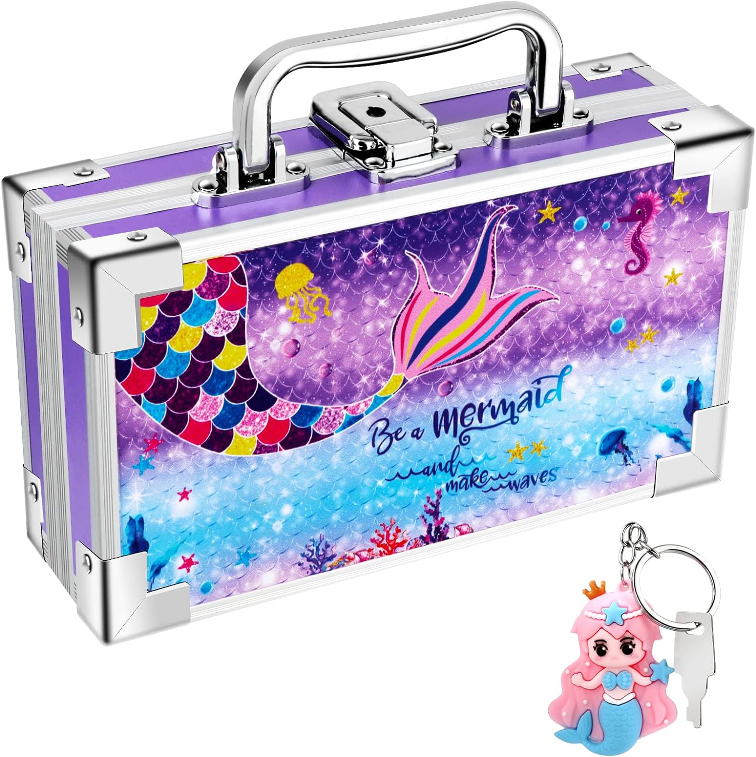 JYPS Mermaid Pencil Box for Girls Boys Kids, Lock Box for School with Portable Handle and Mermaid Keychain, Purple Pencil Box, Cute Mermaid School Supplies, Back to School Gifts for Kids Girls