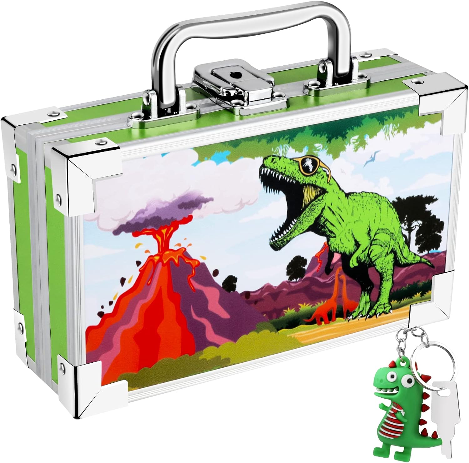 JYPS Dinosaur Pencil Box for Boys Girls Kids, Lock Box for School with Portable Handle and Dinosaur Keychain,Green Pencil Case, Cute Dinosaur School Supplies, Back to School Gifts for Kids