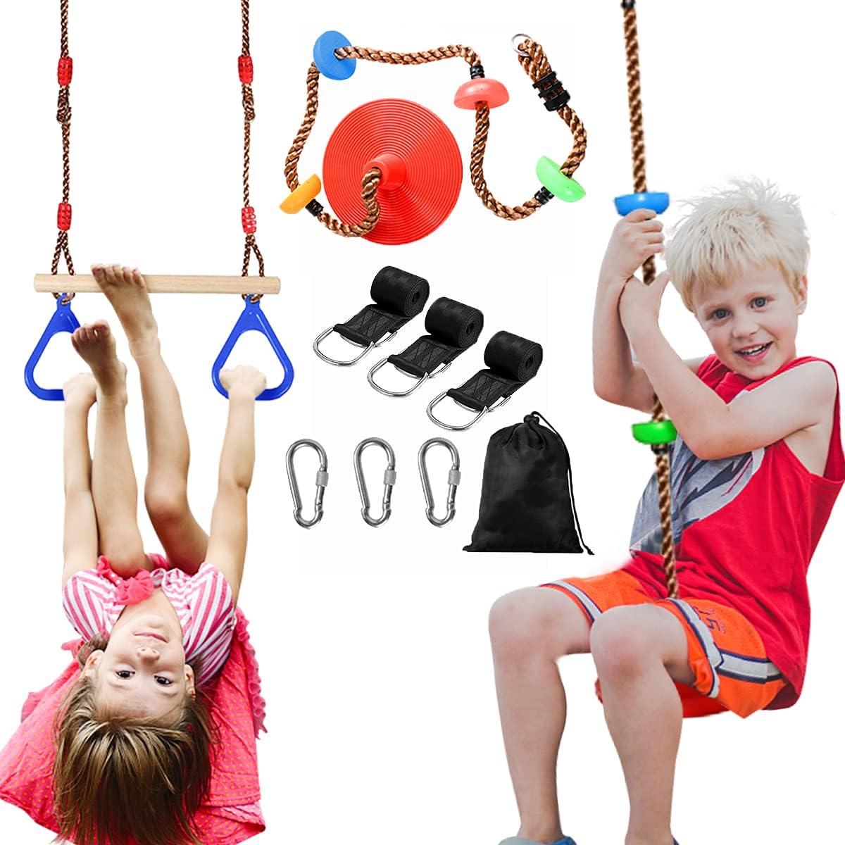 Tree Climbing Rope Swing Bar Rings Set for Kids Foot Hold Platforms and Disc Trapeze Swing Bar Playground Accessories Outside Playset Includ Hanging Strap & Lock Carabiner Storage Bag