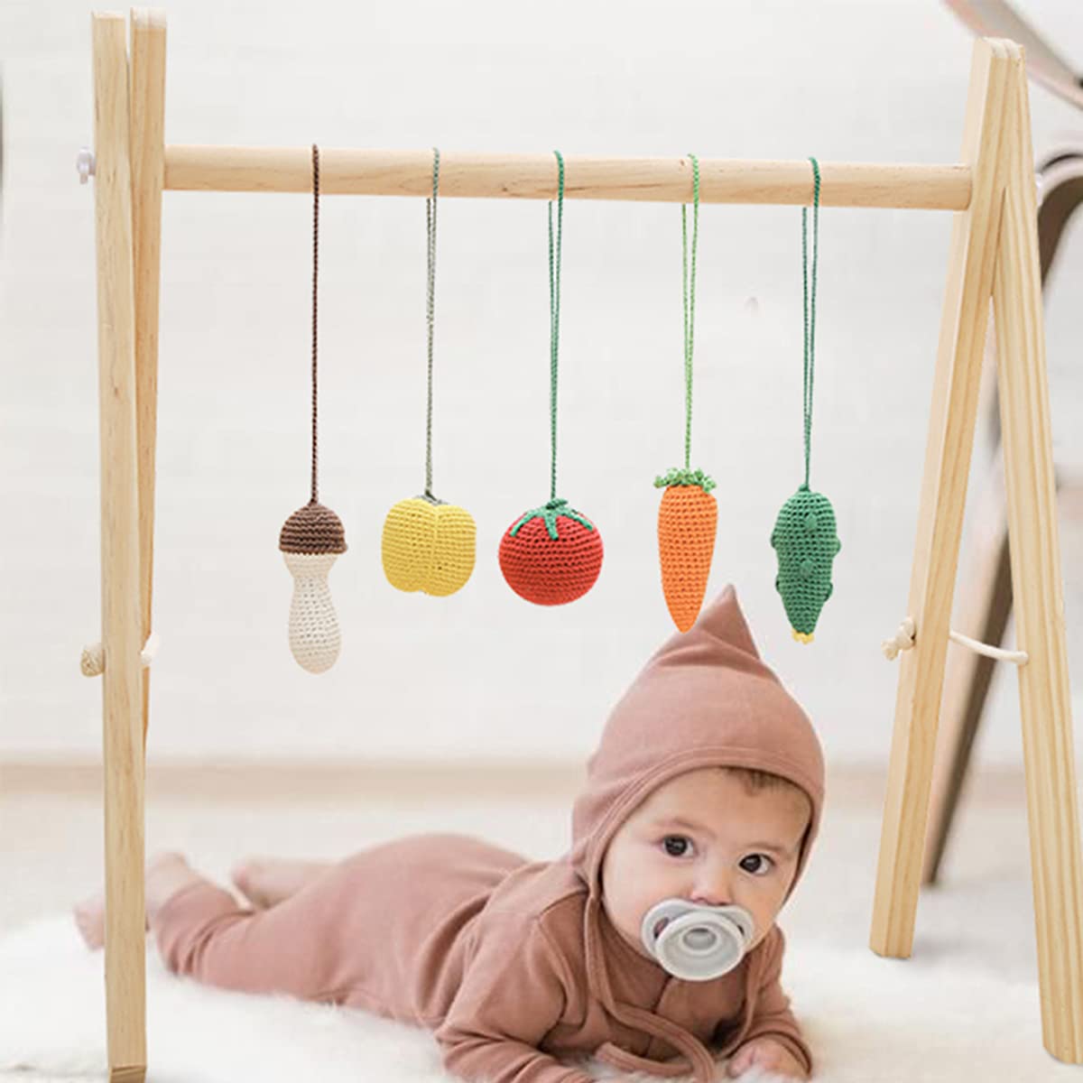 Wooden Baby Gym with 5 Crochet Pendant Toys. Foldable Baby Game Gym Frame for Boys and Girls Newborn Gifts