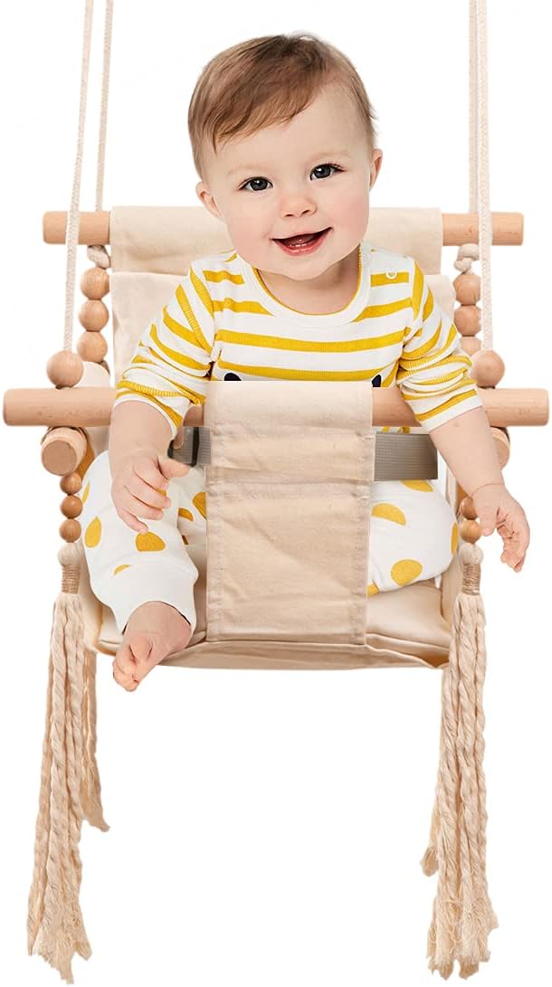 Baby Hammock Swing Wooden Canvas Baby Swing Seat Indoor and Outdoor Upgraded Version of Thick Rope Sling Baby Swing Chair with Pillow and Safety Buckle