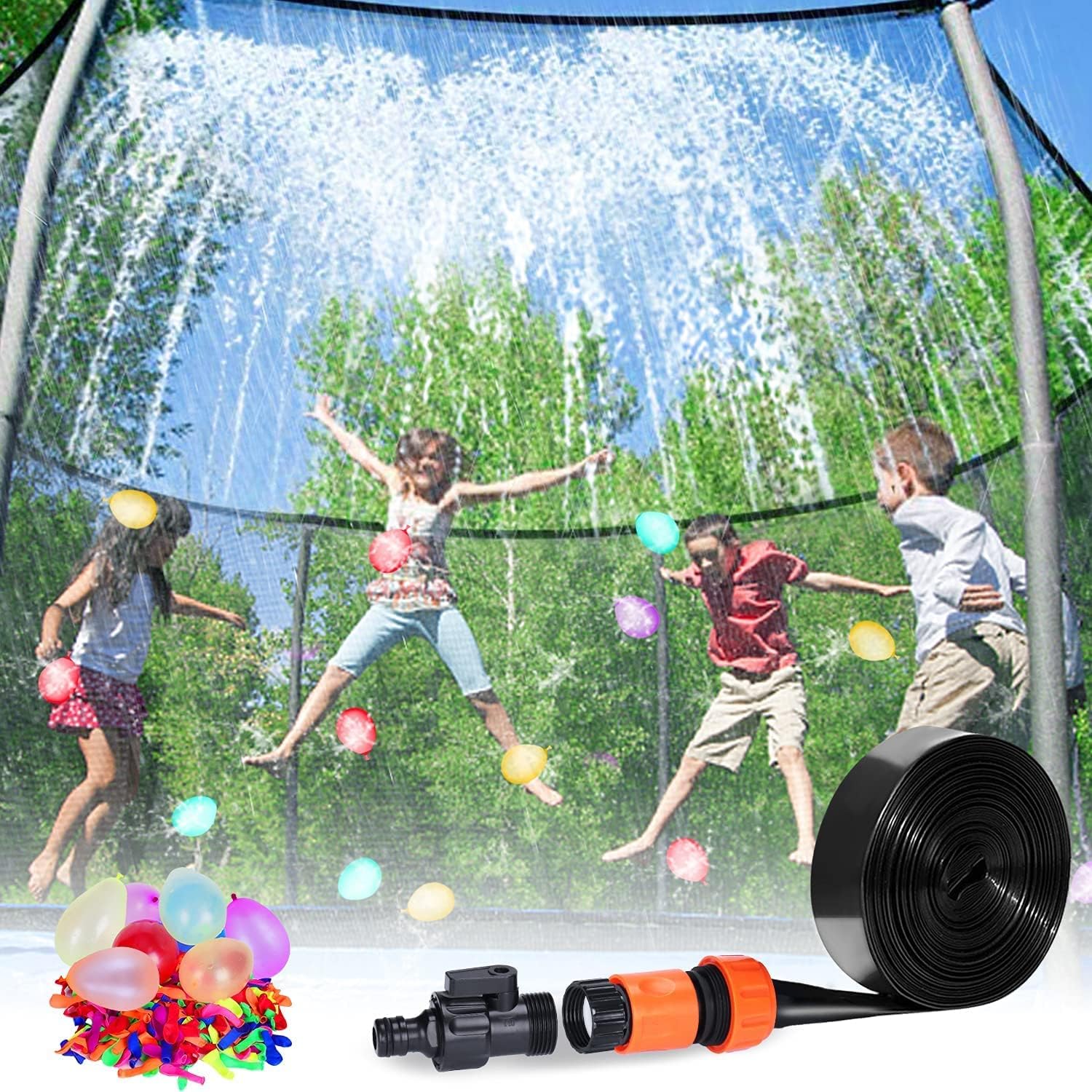 Trampoline Sprinkler for Kids 39FT Water Trampoline Accessories Fun Outdoor Water Toys Summer Activities Backyard Lawn Water Games for Boy Girl Outside Water Park Cool Things with 100 Water Balloons