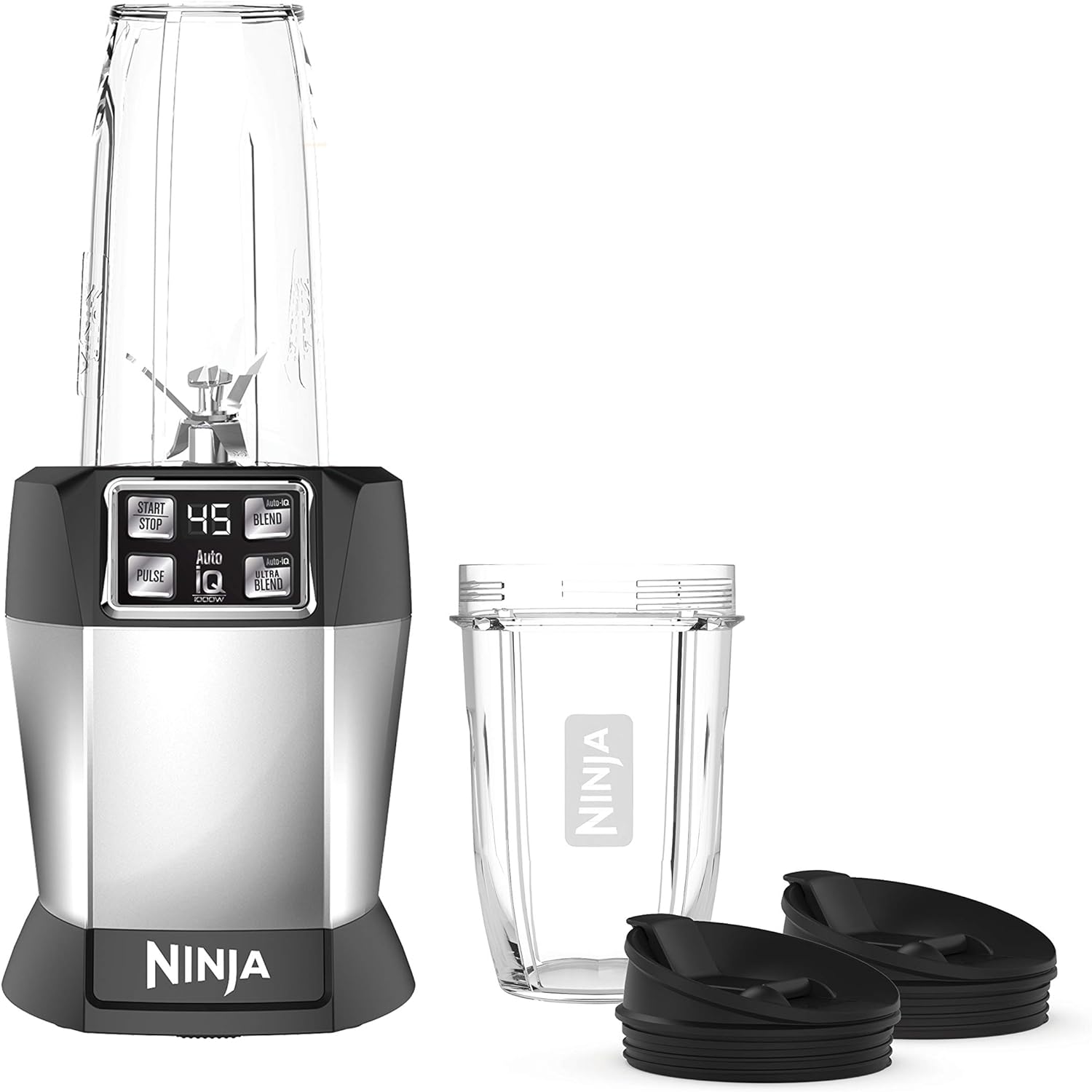 Ninja BL480D Nutri Personal Countertop Blender, Auto-iQ Technology, 1000-Watts, for Frozen Drinks, Smoothies, Sauces & More, with 18-oz. & 24-oz. To-Go Cups & Spout Lids, Black/Silver