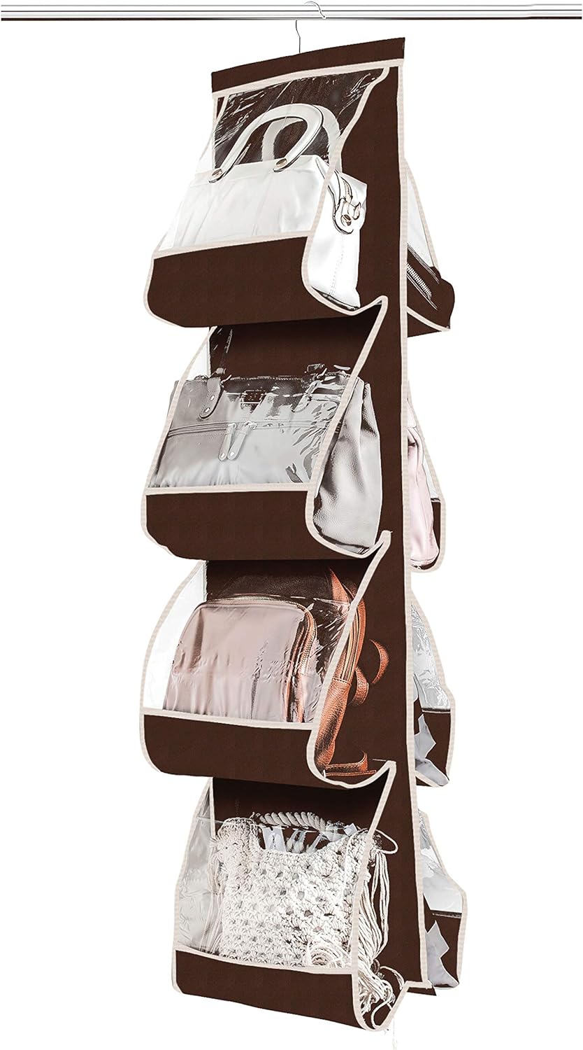 ZOBER Hanging Purse Organizer For Closet Clear Handbag Organizer For Purses, Handbags, Towels Etc. 8 Easy Access Clear Vinyl Pockets With 360 Degree Swivel Hook, Java, 48 L x 13.8 W