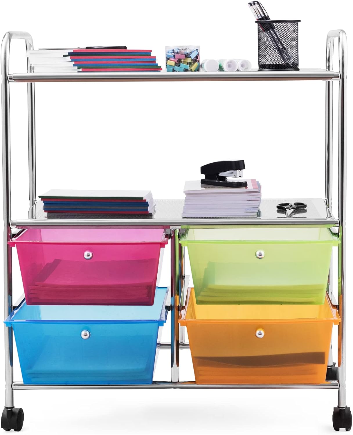 COSTWAY 4-Drawer Storage Cart, Mobile Storage Organizer w/Steel Frame & 360 Wheels, 4-Drawer Utility Cart for Living Room, Kitchen, Bathroom & Office, Six Colors Available (Multicolor)