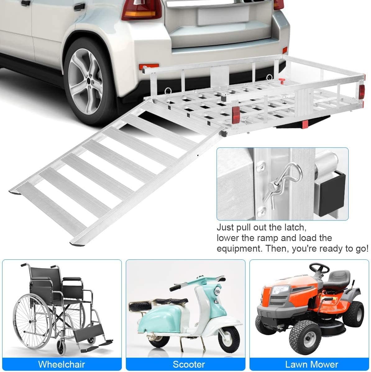 Goplus Aluminum Cargo Carrier, 50 x 29.5 Hitch Mounted Wheelchair Scooter Mobility Carrier Medical Lift Rack Ramp, 500 lbs Weight Capacity