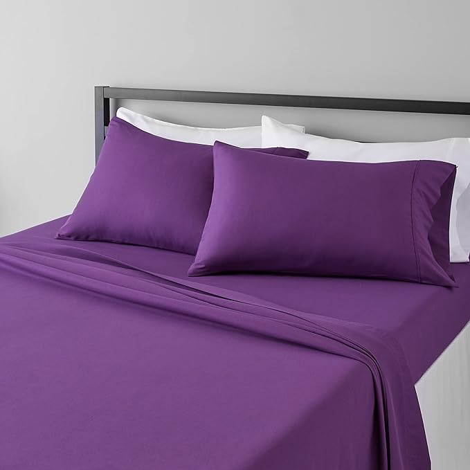 Amazon Basics Lightweight Super Soft Easy Care Microfiber 4-Piece Bed Sheet Set with 14-Inch Deep Pockets, Queen, Plum, Solid