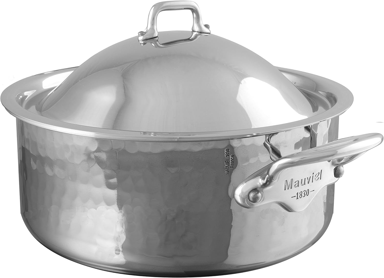 Mauviel M'Elite 5-Ply Hammered Polished Stainless Steel Rondeau With Dome Lid, And Cast Stainless Steel Handles, 6-Qt, Made in France