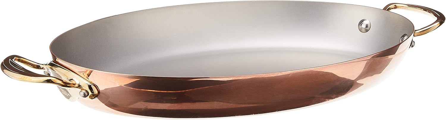 Mauviel M'150 B 1.5mm Polished Copper & Stainless Steel Oval Pan With Brass Handles, 13.8-in, Made in France