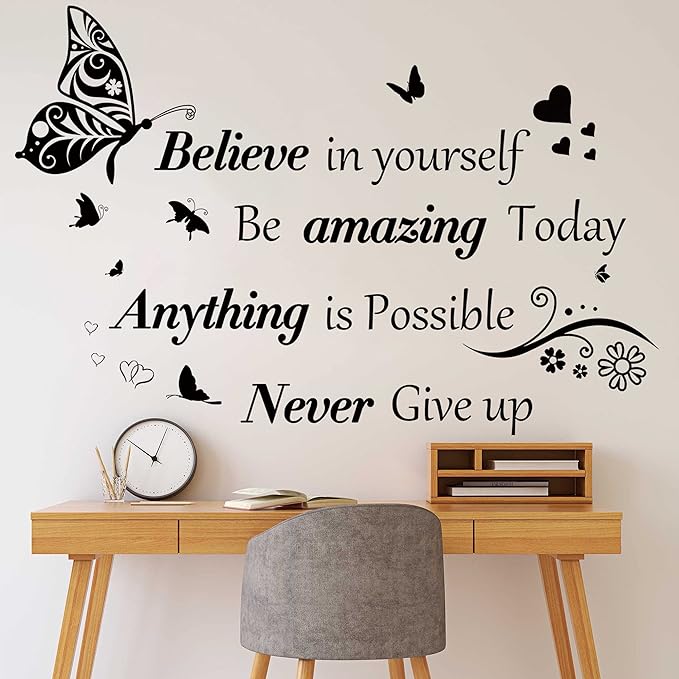 Inspirational Wall Stickers Quotes Letter Wall Art Stickers Motivational Removable Wall Decor Positive Word Butterfly decals Peel and Stick for Bedroom Living Room Hallways Family Office Classroom