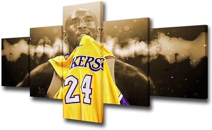 Baccone  5 Panel Wall Art American Basketball Poster on Canvas Framed Art Sport Paintings Home Decor Kobe Bryant Modern Artwork Picture Giclee Print for Modern Classroom Home Decoration - 50''Wx24''H