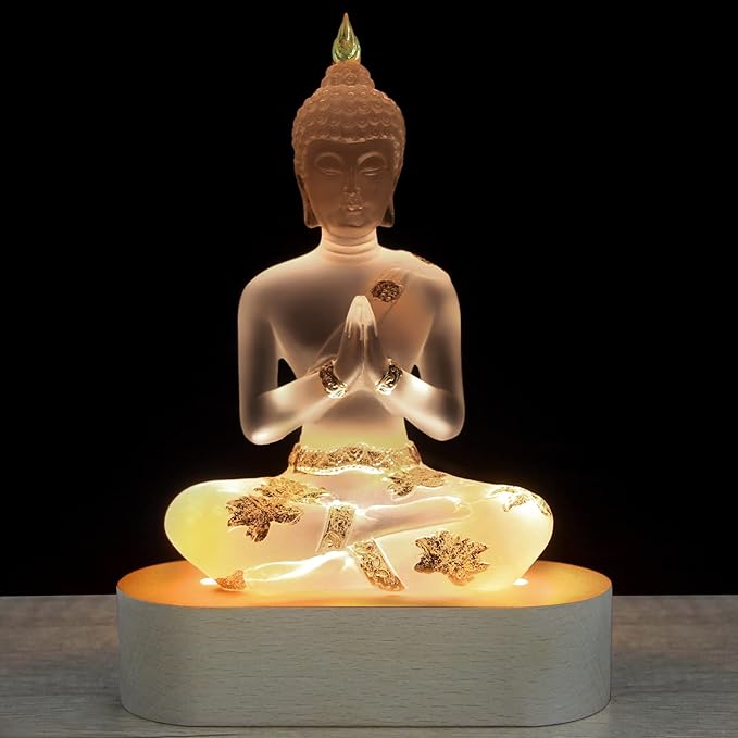 Vimtrysd Buddha Statue with LED Light Base, 7'' Seated Small Figurine Collectibles Meditation Decor, Transparent Sculpture Ornaments for Spiritual Living Room, Yoga Zen, Home Decoration