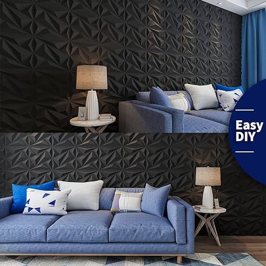 Art3dwallpanels 33 Pack 3D Wall Panel Diamond for Interior Wall Dcor, PVC Flower Textured Wall Panels for Living Room Lobby Bedroom Hotel Office, Black, 12''x12'' Cover 32.Sq.Ft.