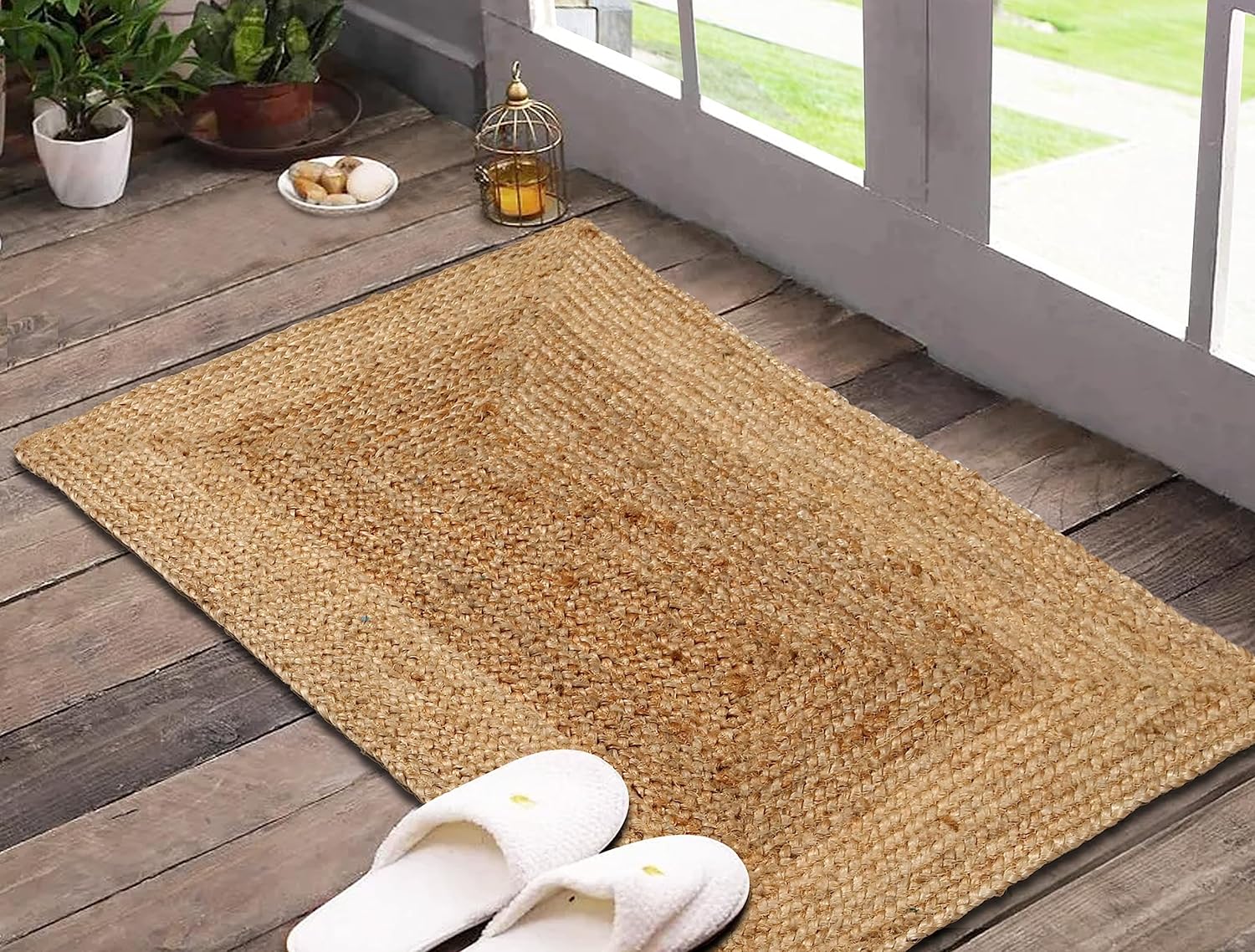 Jute Braided Natural Rug 2X3' -Natural Linen Colour, Hand Woven & Reversible for Living Room Kitchen Entryway Rug, Jute Burlap Braided Rag Rug 24x36 inch, Farmhouse Rag Rug, Rustic Rug 