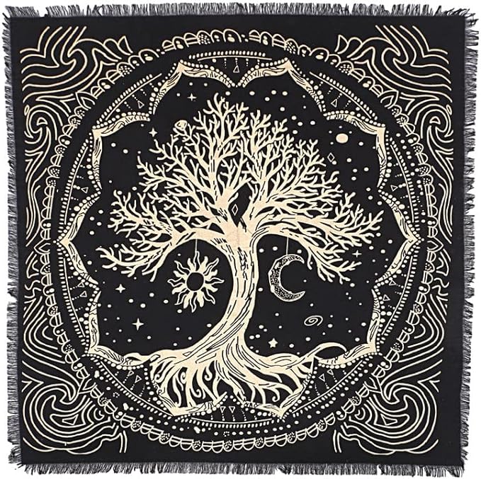 THE ART BOX Altar Cloth Tarot Cards Table Napkins Witchcraft Supplies Black Gold Tablecloth Square Alter Pagan Spiritual Celestial Deck Cloth with Fringes, Tree of Life, 36x36 Inches 