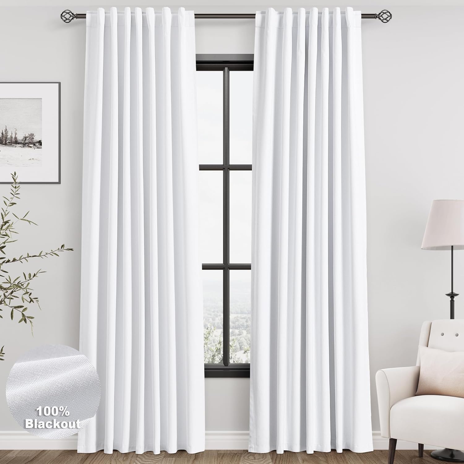 White Linen Blackout Curtains 84 Inches Long 2 Panels for Living Room Back Tab Modern Cotton Textured Pure White Black Out Curtains Heating Blocking Linen Curtain Panels for Bedroom Nursery Kids 