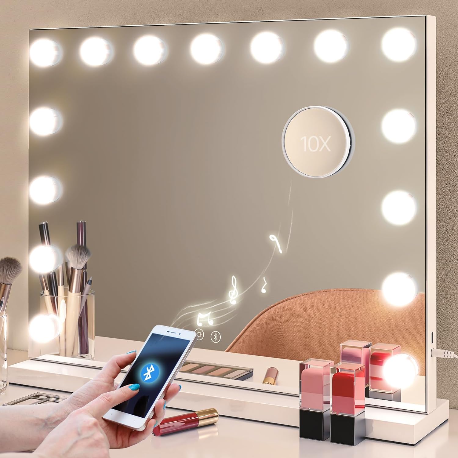 Uliyati Vanity Mirror with Lights and Bluetooth Speaker,Hollywood Lighted Makeup Mirror,15 LED Bulbs,3 Colors Modes,Touch Control,Dimmable USB Charging Port 10X Mirror Metal Frame Tabletop Mirror 