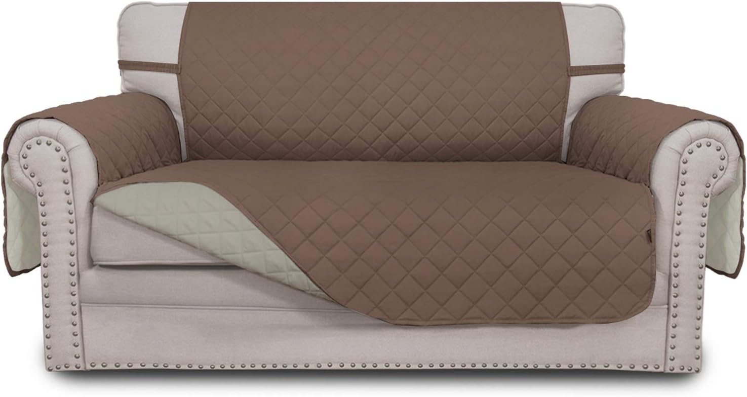 Easy-Going Reversible Loveseat Couch Cover for 2 Cushion Couch Sofa Cover for Dogs Water Resistant Furniture Protector with Foam Sticks Elastic Straps for Pet (Loveseat, Brown/Beige)