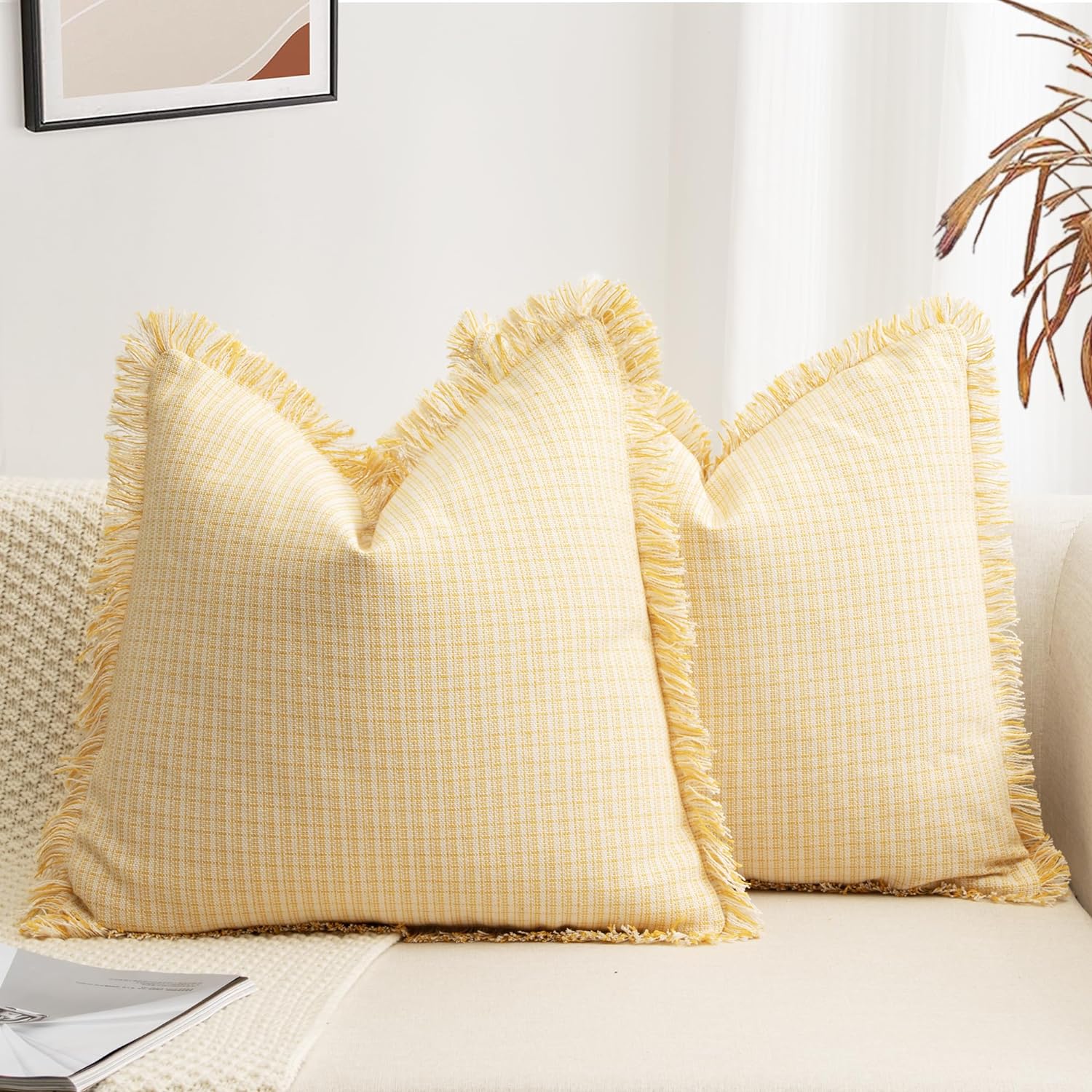 ZWJD Farmhouse Pillow Covers 18x18 Set of 2 Modern Accent Decorative Throw Pillows for Couch Chic Cotton Square Rustic Pillow Covers with Fringe for Bed Living Room Home Decor,Yellow