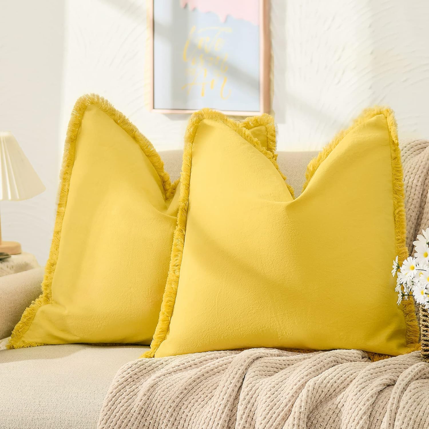 ZWJD Pillow Covers 18x18 Set of 2 Yellow Throw Pillow Covers with Fringe Chic Cotton Decorative Pillows Square Cushion Covers for Sofa Couch Bed Living Room Farmhouse Boho Decor